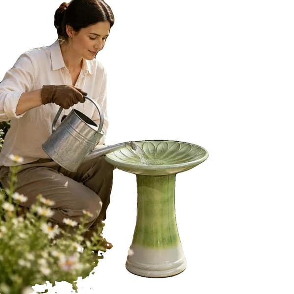 Fågelbad, Blomsterreliefdesign, Hållbar Keramisk Konstruktion,armégrön