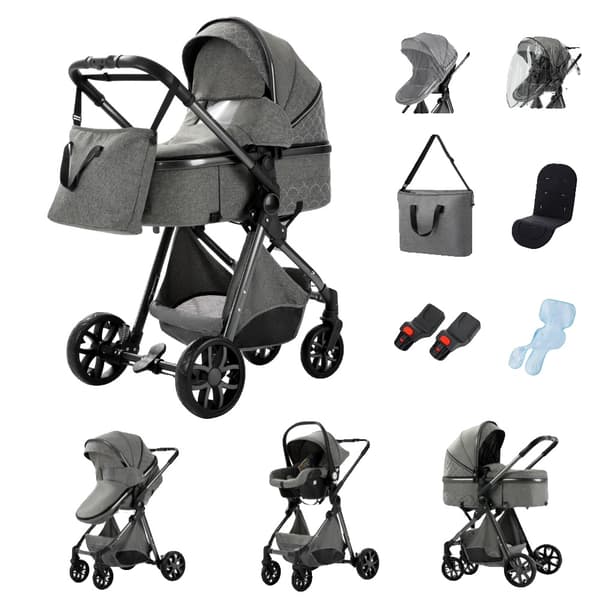 Barnvagn, Fällbar Design, Säkerhetsfunktioner Inkluderade,Låg version V9 MÖRGRÅ