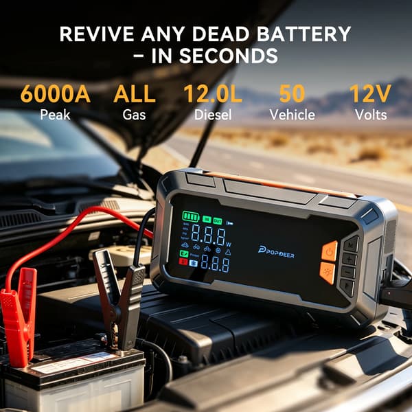 Bil Jump Starter, 6000A Spidsstrøm, 160PSI Luftpumpe,PD-JAS3
