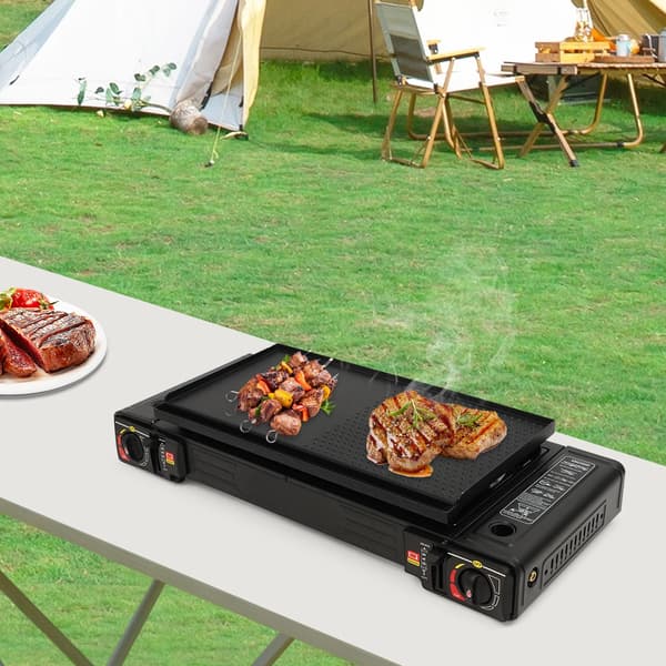Camping Gasblus, Bærbart Design, Dobbelt Brænder,sort