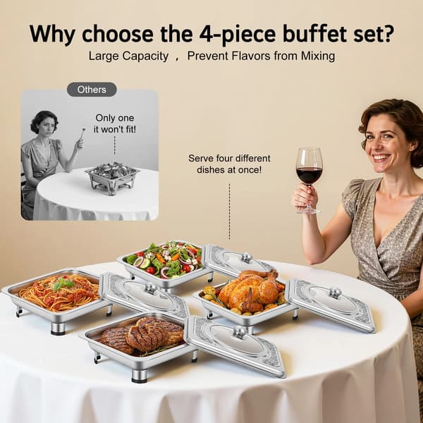 Chafing Dish Sæt, Rustfrit Stål, Rektangulært Design,Sølv