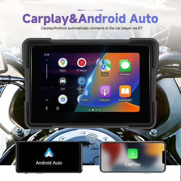 Motorcykelnavigeringssystem, trådlös CarPlay, Android Auto, svart