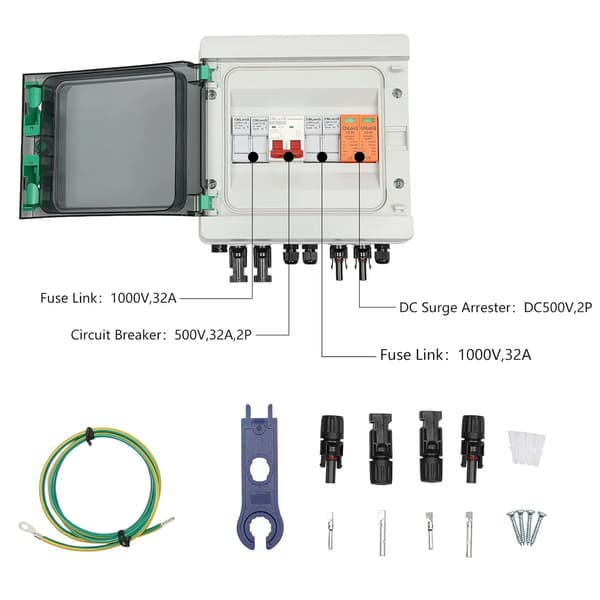 Solenergi Pv Kombinationsboks, 500V, 32A, 2 ind 1 ud, Sort