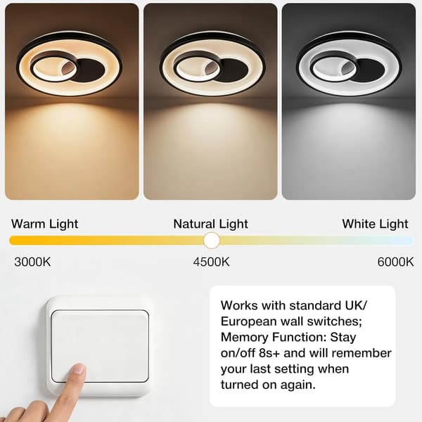 LED Loftlampe, Dæmpbar, Tre Farvetemperaturer,HVID, SORT, 30W