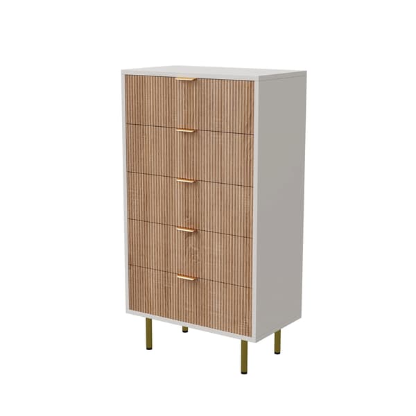 Kommode, 5 Skuffer Opbevaring, Moderne Minimalistisk Design,Hvid+Træfarve