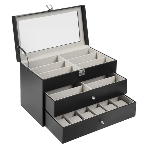 Ure- og brilleopbevaringsboks, 3-lags organizer, støvfri design,sort