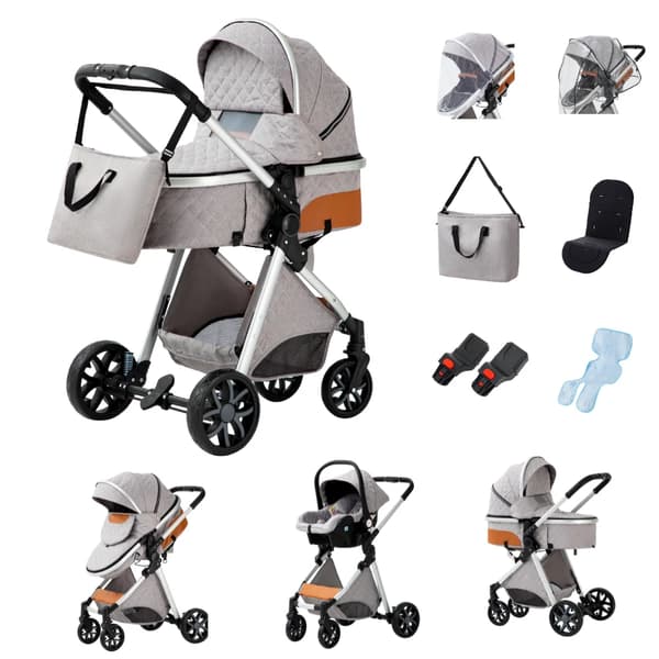 Babyvogn, 3 i 1 design, stødabsorberende firehjulssystem,Lav version V9 LYS GRÅ