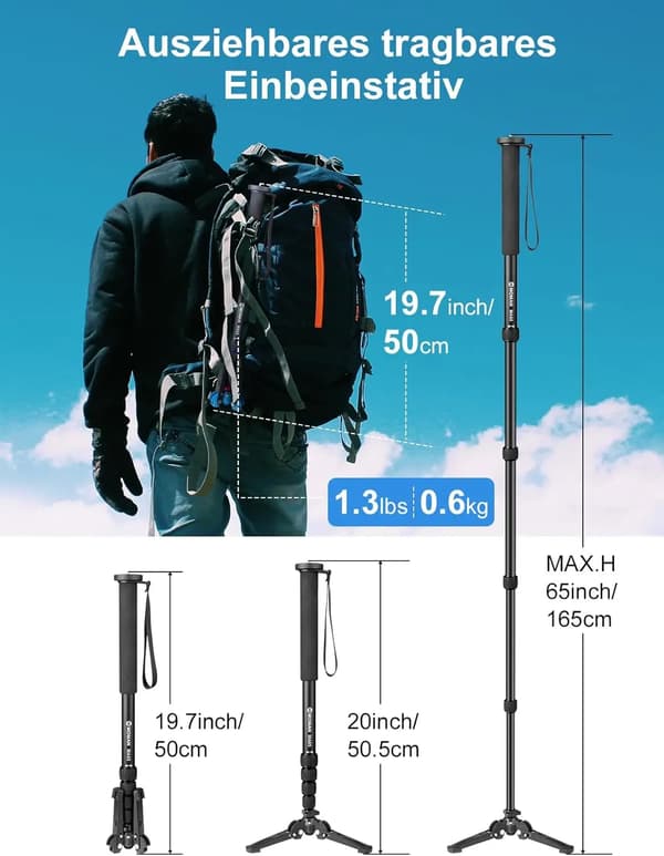 Monopod, Lätt Aluminium, Justerbar Höjd,GRÅ