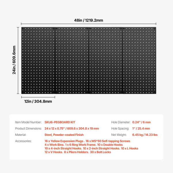 Pegboardpanel, Metallkonstruktion, Hög belastningskapacitet,4st