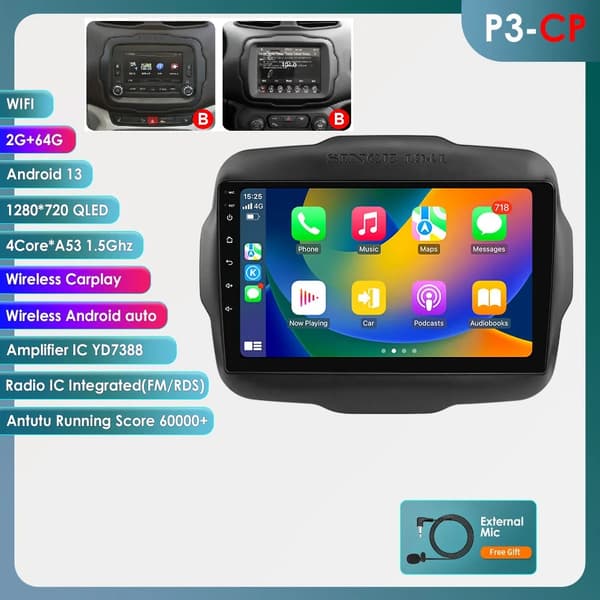 Bil Multimedia Afspiller, Touchscreen Interface, Navigationssystem, kompatibel med Jeep Renegade 2016 - 2020 4G,P3CP (2GB 64GB)-Type B