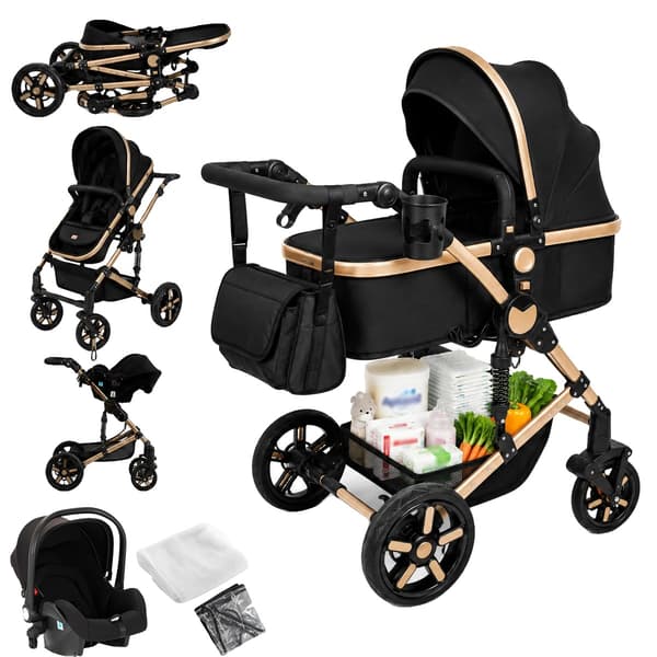 Barnvagn, Fällbar Design, Terrängupphängning,Svartguld