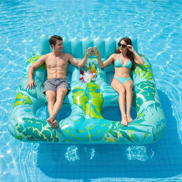 Oppustelig Pool Float, Ergonomisk Design, Indbyggede Kop Holdere,Cyan