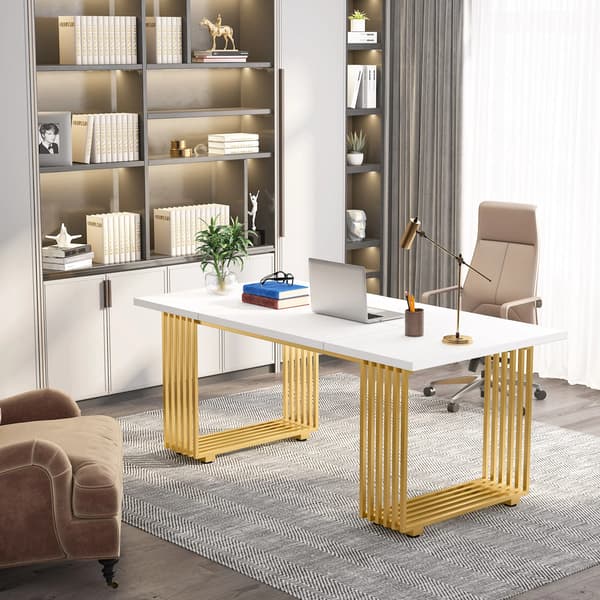 Kontorbord, Moderne Design, Robust Metalramme,Hvid og guld
