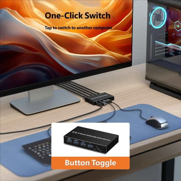 HDMI KVM-switch, 4K-upplösning, stöder 2 datorer, USB 2.0-portar, manuell växlingsknapp, kompatibel med Windows/Linux/MacOS