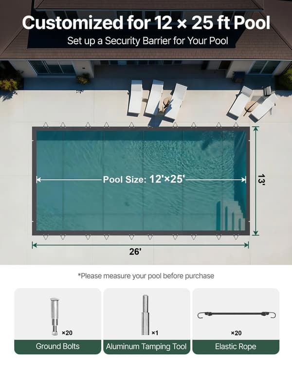 Nedgrävd Poolöverdrag, PVC Nät, 3,66 x 7,62 meter, Lämplig för Rektangulära Pooler, Dräneringshål, Vinter Säkerhetsfunktion