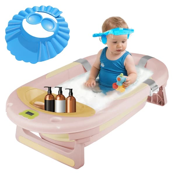 Babytub, Fällbar Design, Inbyggd Termometer,Rosa
