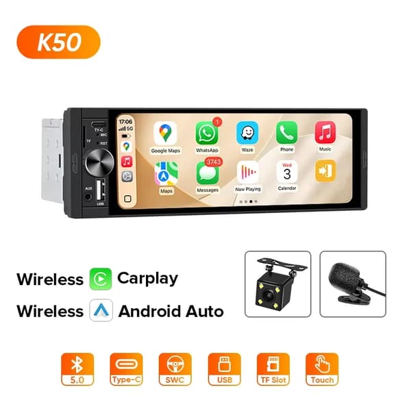 Carplay, Touchskærmsinterface, Bagudsigtskamera,K50 Trådløs Carplay+MIC+Kamera