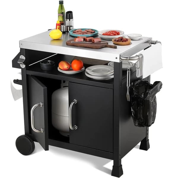 Grillvogn, Rustfrit Stål Top, Multifunktionelt Design,sort