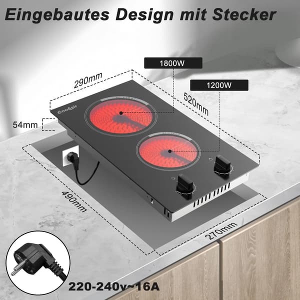Glaskeramikhäll, 2-plattorsdesign, 9 effektlägen,svart, EU