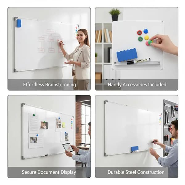 Magnetisk Whiteboard, Lakeret Ståloverflade, Aluminiumramme,Hvid