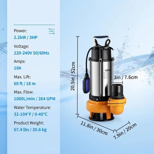 Avloppspump, 1000 L/min Maximalt Flöde, Dränkbar Design, VIT
