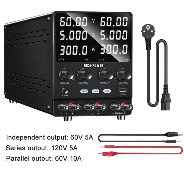 Lab Strømforsyning, Dobbelt Kanal, Flere Udgivelsesmodes,110VAC, 60V 5A
