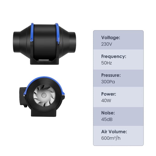 Inline ventilator, høj luftstrømskapacitet, stille drift,150mm