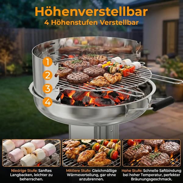 Kulgrill, Højdejusterbar Rist, Bærbart Design,sølv