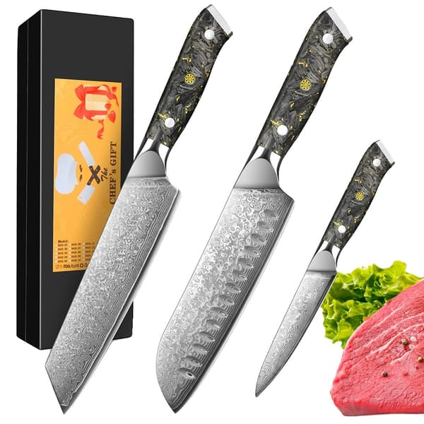 Knivset, Damaskusstål Konstruktion, Ergonomisk Handtagsdesign,3PCS