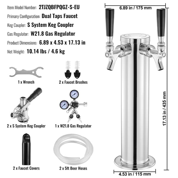 Kegerator Tornkit, Rostfritt Stål, Dubbelmätare Regulator,2 kranar S