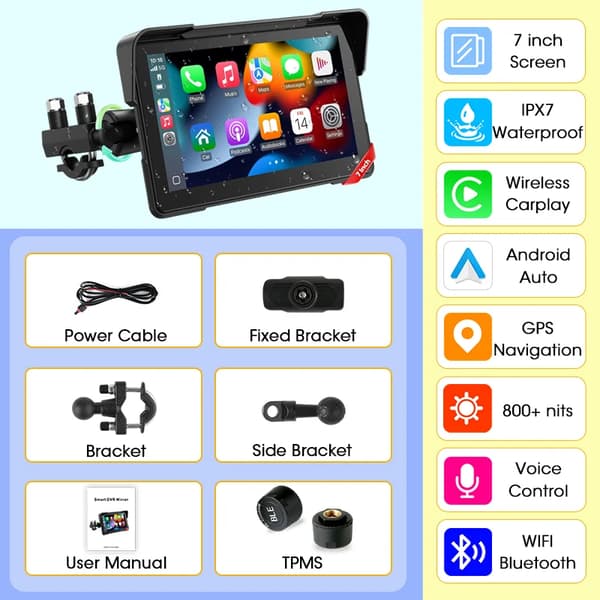 Motorcykel GPS-navigation, 7-tommer skærm, Dual Bluetooth 5.0,Ingen DVR TPMS