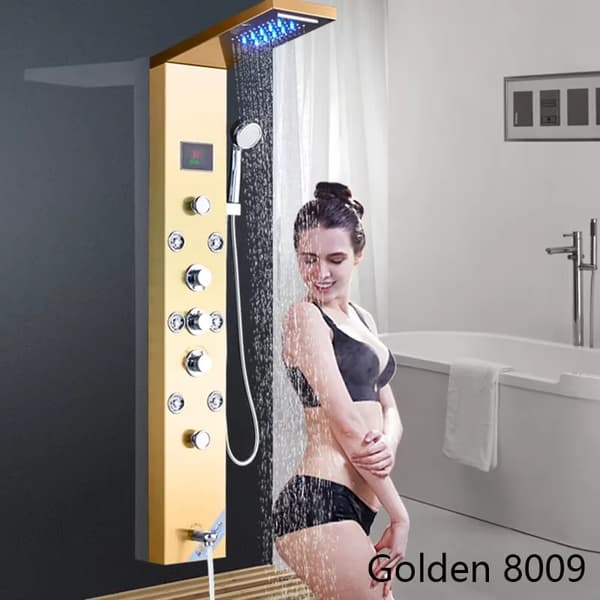 Duschpanel, Integrerad LED-belysning, Kroppsmassagejetar,Guld 8009