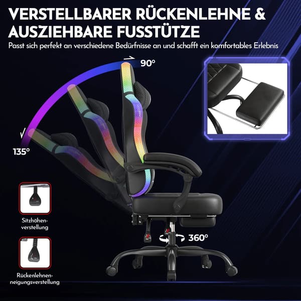 Gamingstol, RGB LED-belysning, Ergonomisk design,SORT