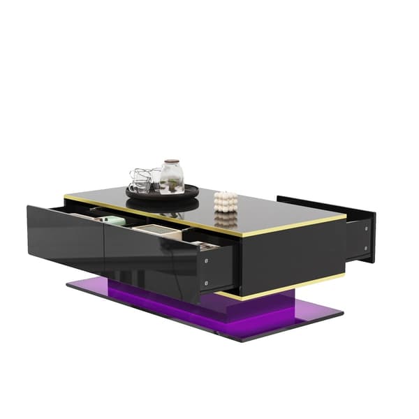 Cafebord, USB LED lysstrimler, 3 skuffer,Sort og Guld