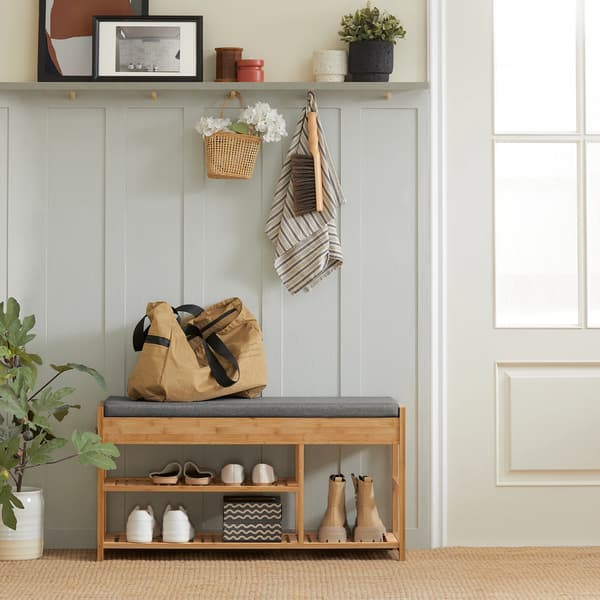 Sko-bänk, Bekväm Kudde, Stabilt Bambu-design,Ljus Kaffe