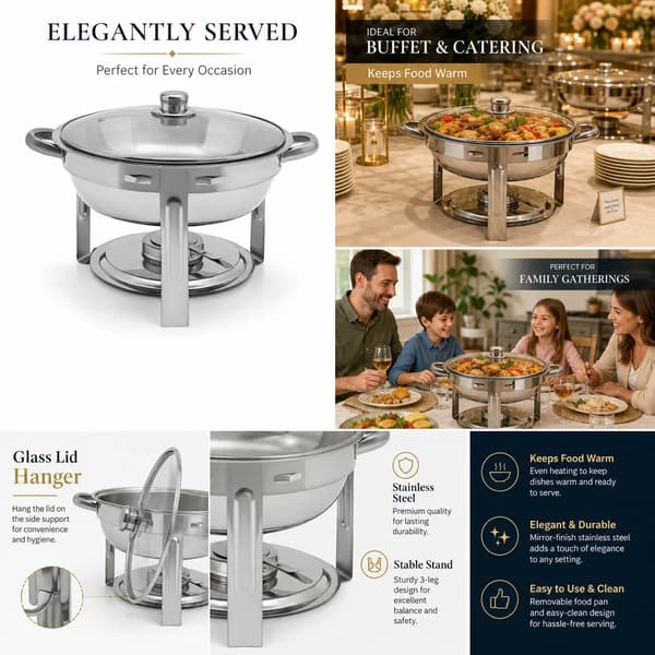 Chafing Dish, 5L kapacitet, rund form, rustfrit stål, højde 22,5 cm, diameter 34 cm