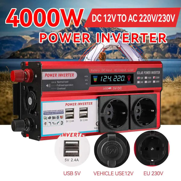 Strømomformer, 4 USB-porte, LED-display,4000W