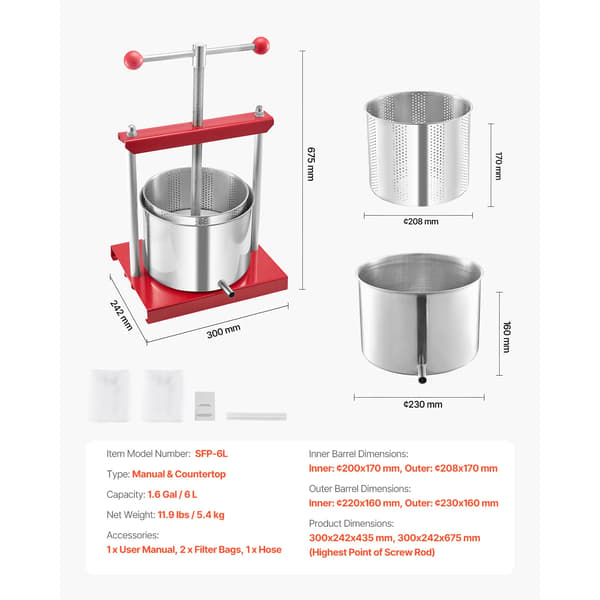 Fruktvinpress, Effektiv juiceutvinning, Användarvänlig design,6L