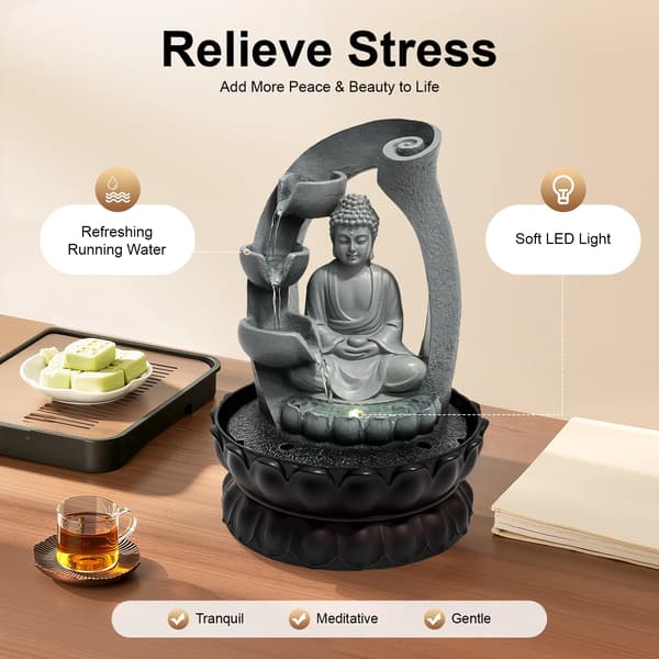 Harz Buddha Vandfontæne, LED Lys, Stille Drift,Grå