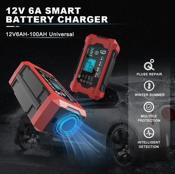Bilbatterioplader, 6A, LCD-skærm,12V 6A