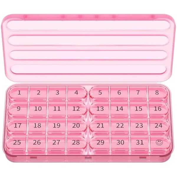 Månatlig pillerorganisatör, 32 fack, resevänlig design,Rosa
