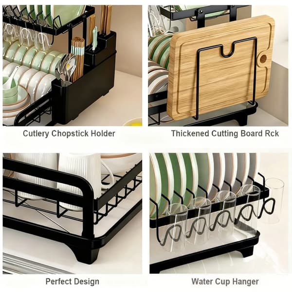 Opvaskestativ, Foldbart Design, 2-Lags Struktur,sort, 2-niveau