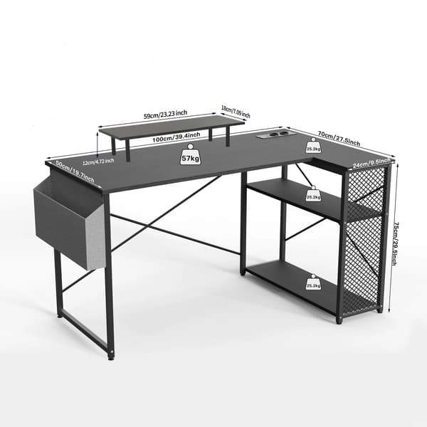 Computerbord, L-formet design, integrerede strømløsninger,Sort-100*70*75cm