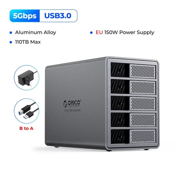 HDD-dokkiasema, USB 3.0, 5-levy tuki,5Bay EU Plug