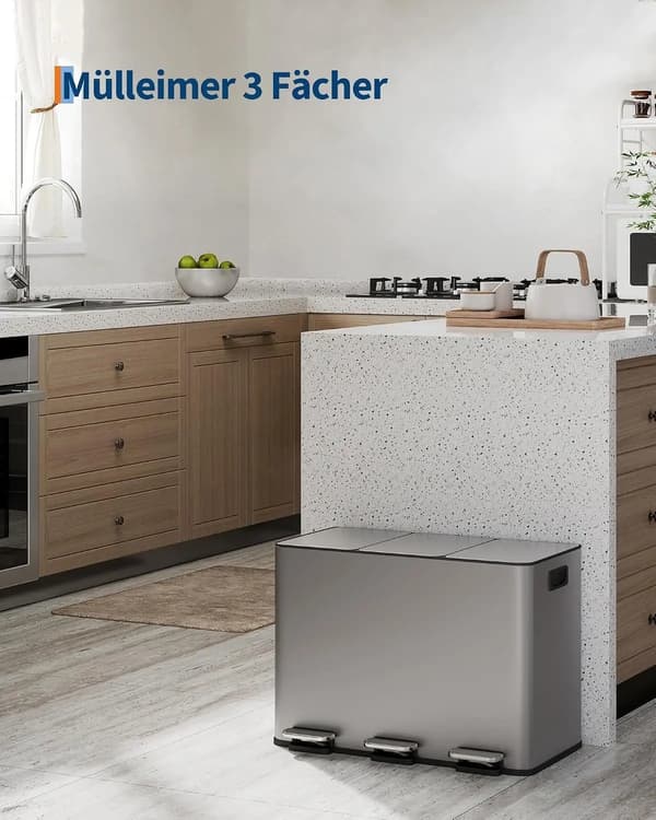 Dobbelt Spand System, 3 x 15 Liter, Rustfrit Stål, PP Inderspand, Egnet til Genbrug, Pladsbesparende Design
