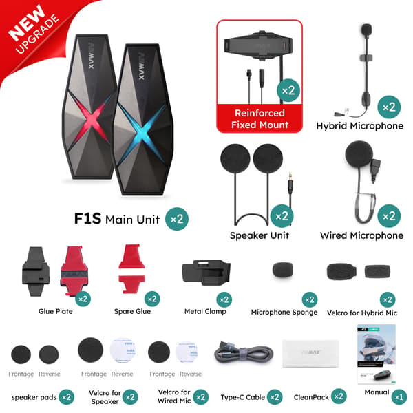 Motorcykel Intercom, Röstkommando, Bluetooth 5.3,2PCS F1