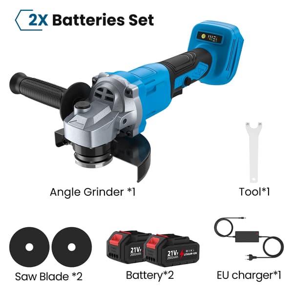 Elektrisk Vinkelslip, Borstlös Motor, Variabel Hastighetskontroll,2 Batteri Set