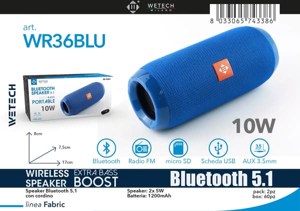 Bluetooth-högtalare, Extra basförstärkning, Bärbar design,WR36BLU