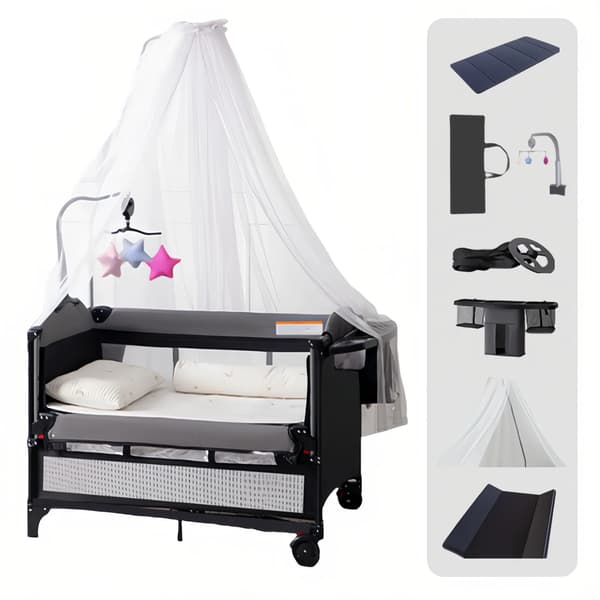 Krybbe, Co-Sleeping Venlig, Foldbart Design,X6602-GRÅ(med myggenet)