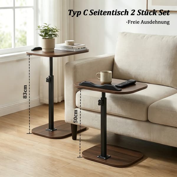 Sidebord, Justerbar Højde, 360° Drejbar,2PCS